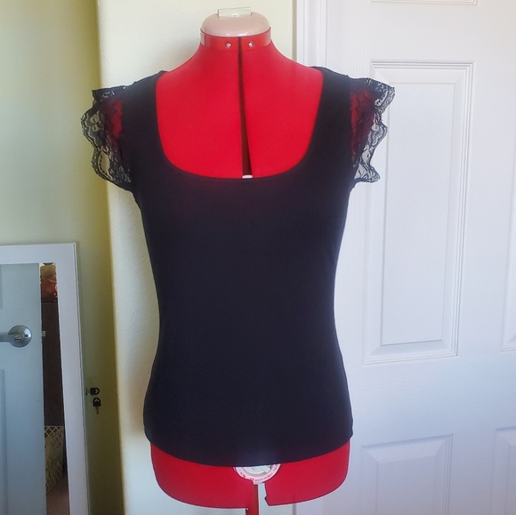 SHEIN Black Boat Neck Top With Lace Cap Sleeves - Picture 1 of 4